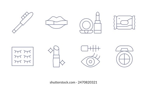 Makeup icons. Editable stroke. Containing eyebrowpencil, eyelashes, lipstick, makeup, mascara, powder, wetwipes.