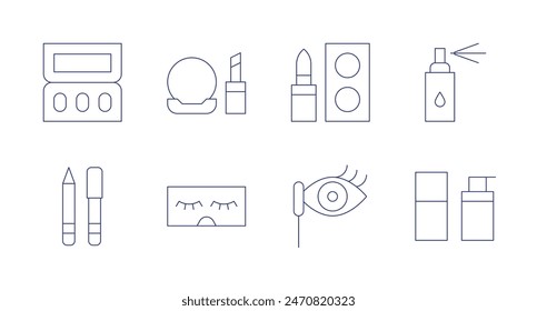 Makeup icons. Editable stroke. Containing eyebrowpencil, eyelashes, eyeshadow, foundation, makeup, mascara, spray.