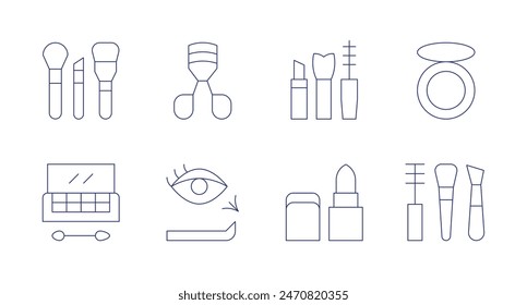 Makeup icons. Editable stroke. Containing brushes, eyeshadow, eyelashcurler, fakeeyelashes, lipstick, makeup, makeupbrushes.
