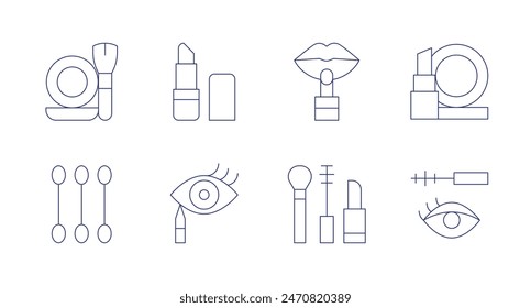 Makeup icons. Editable stroke. Containing blush, cottonbuds, eyeliner, lipstick, makeup, mascara.