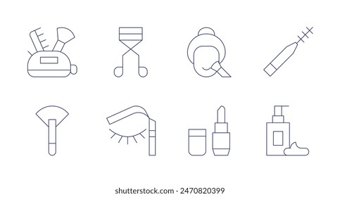 Makeup icons. Editable stroke. Containing beautycase, brush, eyebrows, eyelashescurler, lipstick, makeup, mascara.