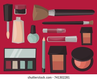 Makeup icons perfume mascara care brushes comb faced eyeshadow glamour female accessory vector.