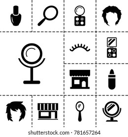 Makeup icons. set of 13 editable filled makeup icons such as nail polish, mirror, beauty salon, lipstick, eyeshadow palette, hairstyle
