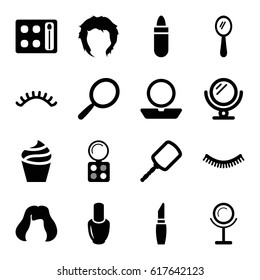 Makeup icons set. set of 16 makeup filled icons such as nail polish, mirror, eyelash, lipstick, powder, cream, eyeshadow palette, hairstyle
