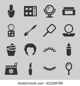 Makeup icons set. set of 16 makeup filled icons such as mirror, nail polish, cream box, eyelash, lipstick, powder, cream, make up bag, mascara, eyeshadow palette, hairstyle