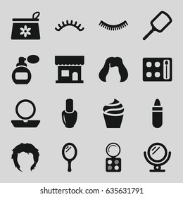 Makeup icons set. set of 16 makeup filled icons such as perfume, mirror, nail polish, beauty salon, eyelash, lipstick, powder, cream, make up bag, eyeshadow palette, hairstyle