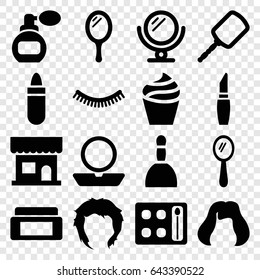 Makeup icons set. set of 16 makeup filled icons such as perfume, mirror, cream box, beauty salon, spa bag, eyelash, lipstick, powder, cream, hairstyle
