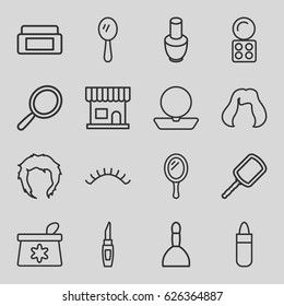 Makeup icons set. set of 16 makeup outline icons such as mirror, nail polish, cream box, beauty salon, spa bag, lipstick, powder, make up bag, eyeshadow palette, hairstyle