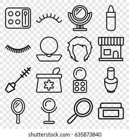 Makeup icons set. set of 16 makeup outline icons such as mirror, nail polish, cream box, beauty salon, eyelash, lipstick, powder, make up bag, mascara, eyeshadow palette