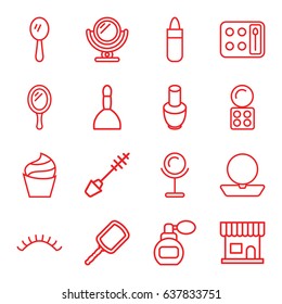 Makeup icons set. set of 16 makeup outline icons such as perfume, mirror, nail polish, beauty salon, spa bag, lipstick, powder, cream, mascara, eyeshadow palette