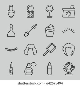 Makeup icons set. set of 16 makeup outline icons such as perfume, nail polish, mirror, spa bag, eyelash, lipstick, cream, make up bag, mascara, eyeshadow palette, hairstyle