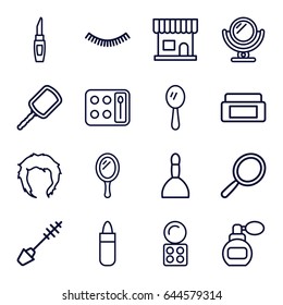 Makeup icons set. set of 16 makeup outline icons such as perfume, mirror, cream box, beauty salon, spa bag, eyelash, lipstick, mascara, eyeshadow palette