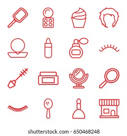 Makeup icons set. set of 16 makeup outline icons such as perfume, mirror, cream box, beauty salon, spa bag, eyelash, lipstick, powder, cream, mascara, eyeshadow palette