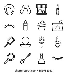 Makeup icons set. set of 16 makeup outline icons such as mirror, nail polish, beauty salon, spa bag, eyelash, lipstick, powder, cream, make up bag, mascara, hairstyle