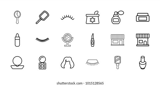 Makeup icons. set of 18 editable outline makeup icons: perfume, nail polish, cream box, beauty salon, mirror, eyelash, lipstick, powder, make up bag, eyeshadow palette
