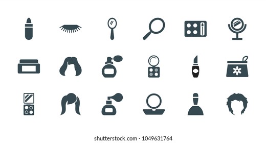 Makeup icons. set of 18 editable filled makeup icons: perfume, cream box, mirror, lipstick, powder, make up bag, eyeshadow palette, hairstyle, spa bag