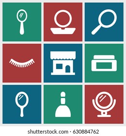 Makeup icons set. set of 9 makeup filled icons such as mirror, cream box, beauty salon, spa bag, eyelash