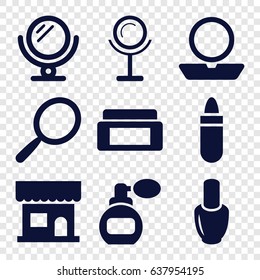 Makeup icons set. set of 9 makeup filled icons such as perfume, nail polish, mirror, cream box, beauty salon, lipstick