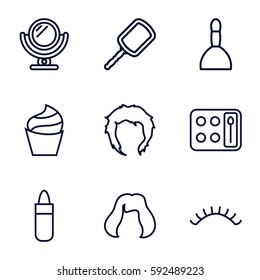 makeup icons set. Set of 9 makeup outline icons such as mirror, spa bag, lipstick, cream, hairstyle, eyeshadow palette