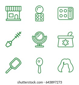 Makeup icons set. set of 9 makeup outline icons such as mirror, beauty salon, make up bag, mascara, eyeshadow palette