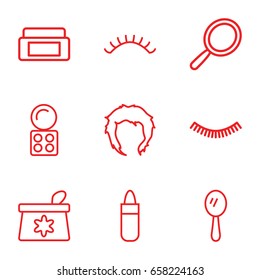 Makeup icons set. set of 9 makeup outline icons such as cream box, mirror, eyelash, lipstick, make up bag, eyeshadow palette, hairstyle