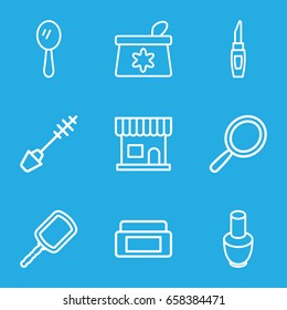 Makeup icons set. set of 9 makeup outline icons such as nail polish, cream box, mirror, beauty salon, make up bag, mascara