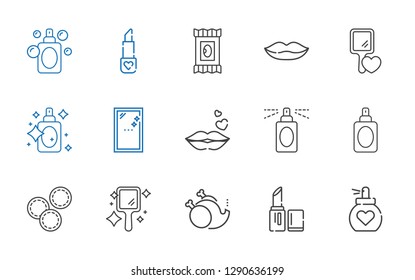 makeup icons set. Collection of makeup with perfume, lipstick, without, hand mirror, makeup remover wipes, kiss, mirror, lips. Editable and scalable icons.