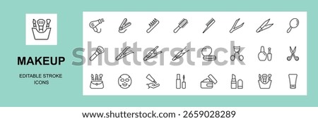 makeup icons set, mirror, nail polish, wax, razor and so on. lipstick, mascara, pencil, face foundation, primer, lip gloss, powder, liner, eyeshadow, brushes ,Editable strokes, Vector Illustration