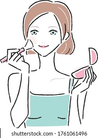 Make-up illustration. A woman with a brush on her cheek.