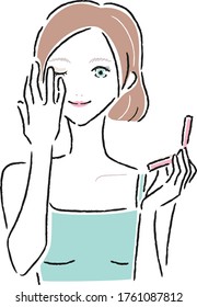Make-up illustration. A woman painting her eyelids with her fingers.