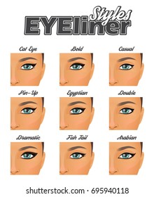 Make-up information chart showing variouswinged eyeliner styles and looks. Cateye, pin-up, bald, arabian and other variations, pretty woman face model.