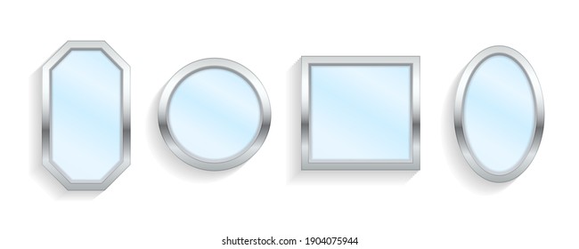 Makeup or interior furniture reflecting glass surfaces 3D icons. Reflective mirror surface in silver frame, mirroring glass decor interior. Realistic empty mirrors with reflect in mockup style. Vector