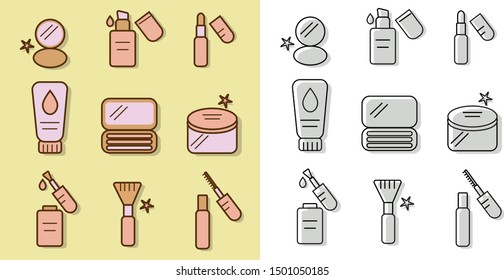 Makeup isolated icon set. The set consists of: cosmetics, lipstick, eyeshadow, mascara, cream, blush, powder, nail polish and makeup brushes.