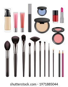 Makeup items. Brushes for beauty womans eyeshadows lipstick powder for luxury girls decent vector makeup realistic collection