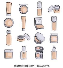 Makeup items: powder, foundation, blush. Hand drawn vector.