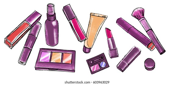 Makeup items set. Hand drawn colorful cosmetic elements. Concept for beauty salon and visage. Vector illustration on white background.