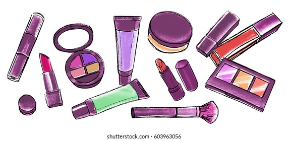 Makeup items set. Hand drawn colorful cosmetic elements. Concept for beauty salon and visage. Vector illustration on white background.