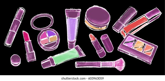 Makeup items set. Hand drawn colorful cosmetic elements. Concept for beauty salon and visage. Vector illustration on chalkboard background.