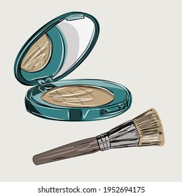 Makeup kit. Care and decorative cosmetics store, advertisement, banner. Powder, makeup brushes, eyeshadow, blush, balls, concealer, sculptor. Vector isolated objects.