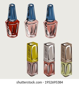 Kit de maquillaje. Tienda de cosméticos decorativos y cuidados, publicidad, cartel. Esmalte de uñas, lápiz labial, bálsamo labial. Objetos aislados del vector.