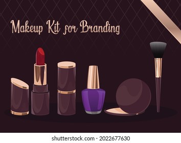 Makeup kit collection png vector with a beautiful background that can be used as a promotional post or any other art related to women cosmetics. realistic tools make the branding look good.