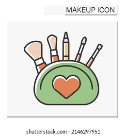  Makeup kit color icon. Fulled cosmetic bag with mascara, eye pencil, brushes and sponge. Makeup concept. Isolated vector illustration