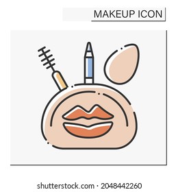 Makeup kit color icon. Useful suite with mascara, eye pencil and sponge. Cosmetic bag with necessary products. Makeup concept. Isolated vector illustration