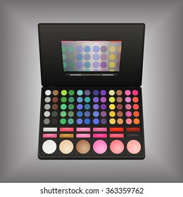 MakeUp kit. Eyeshadow, Gloss, Blush, Professional cosmetics.