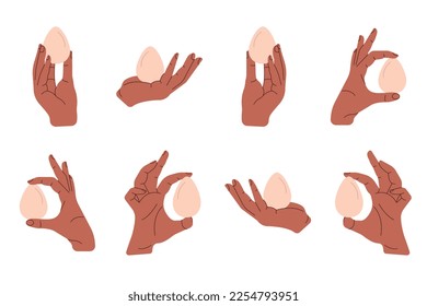 Makeup kit. Hands hold accessories for applying makeup base. Doodle cartoon style.