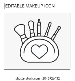  Makeup kit line icon. Fulled cosmetic bag with mascara, eye pencil, brushes and sponge. Makeup concept. Isolated vector illustration. Editable stroke