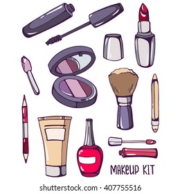 Kit de maquillaje: mascara, esmalte de uñas, cimientos, espejo, pintalabios, cepillo, lápiz cosmético, sombra visual. Conjunto de imágenes en color de cosméticos y productos de belleza sobre un fondo blanco.