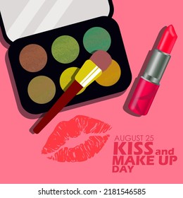Make-up kits like colored powder and brush with lipstick and lips on pink background with bold text, Kiss and Make Up Day August 25