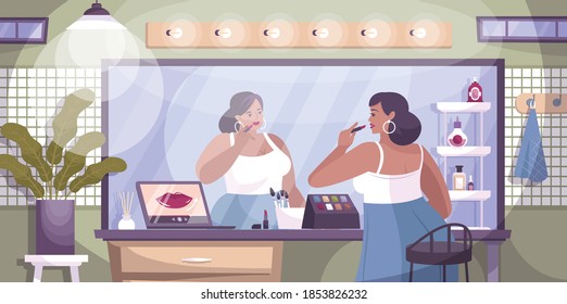 Makeup lessons online flat composition with indoor scenery with laptop and female character putting on lipstick vector illustration