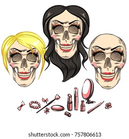 Makeup lessons from the skull. The skull made a make-up. A lot of makeup.